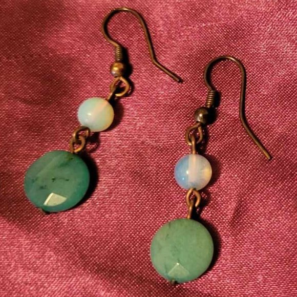 Gorgeous Brown Metal Hook Earrings with Blue Green Glass and Opalite Beads - Picture 2 of 3